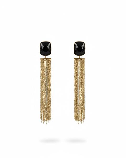 Black Gem Tassel Earrings  